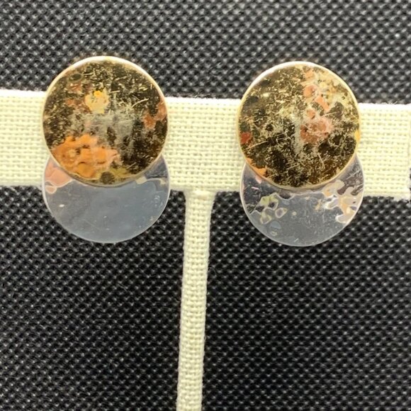 Sterling Silver 925 Round Hammered Disc Two Tone Earrings 1.25" Long - Picture 1 of 7